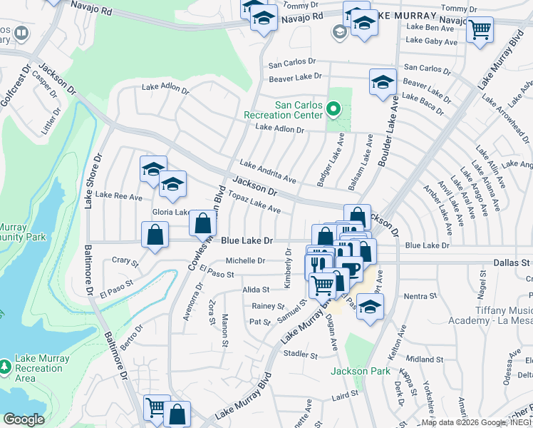map of restaurants, bars, coffee shops, grocery stores, and more near 6261 Crystal Lake Avenue in San Diego