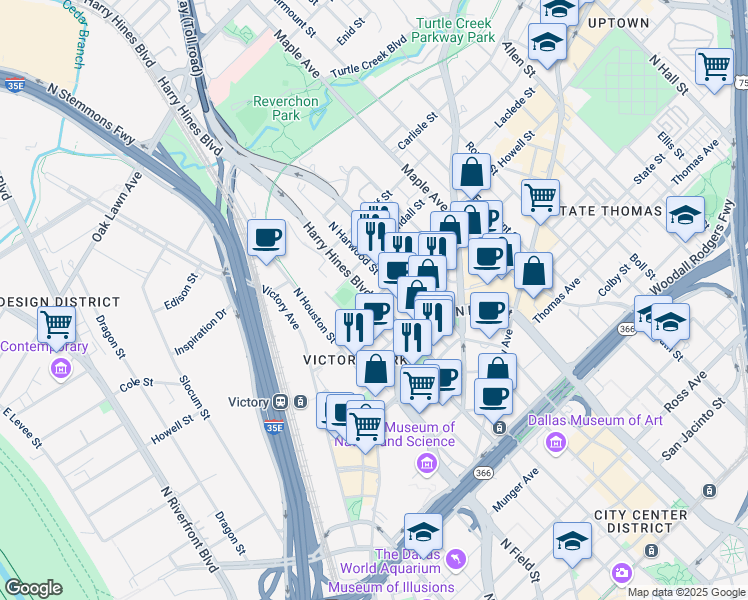 map of restaurants, bars, coffee shops, grocery stores, and more near in Dallas