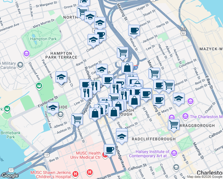 map of restaurants, bars, coffee shops, grocery stores, and more near 56 Ashe Street in Charleston