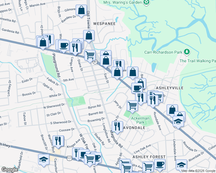 map of restaurants, bars, coffee shops, grocery stores, and more near 1122 Brody Avenue in Charleston