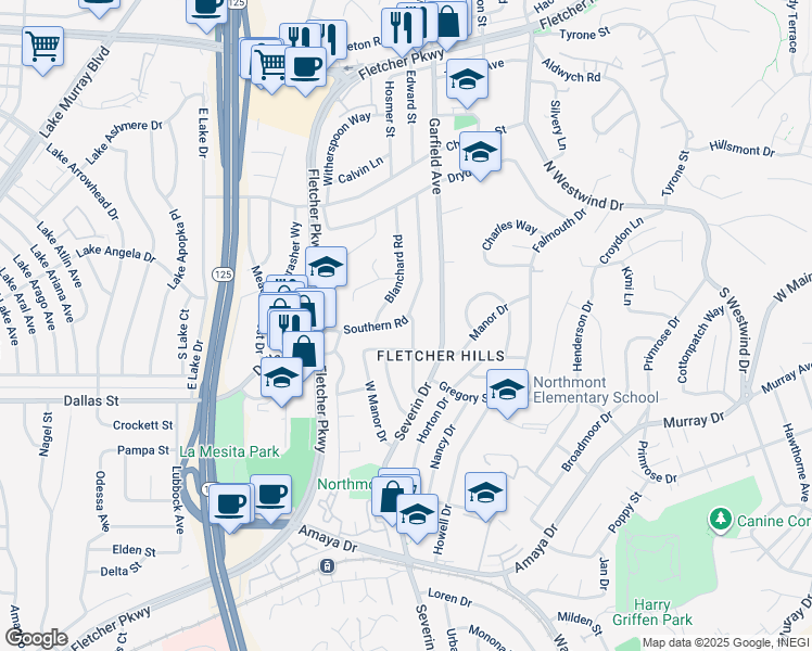 map of restaurants, bars, coffee shops, grocery stores, and more near 9243 Southern Road in La Mesa