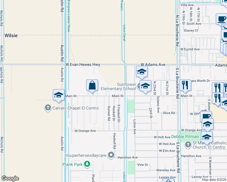 map of restaurants, bars, coffee shops, grocery stores, and more near 600 West Main Street in El Centro
