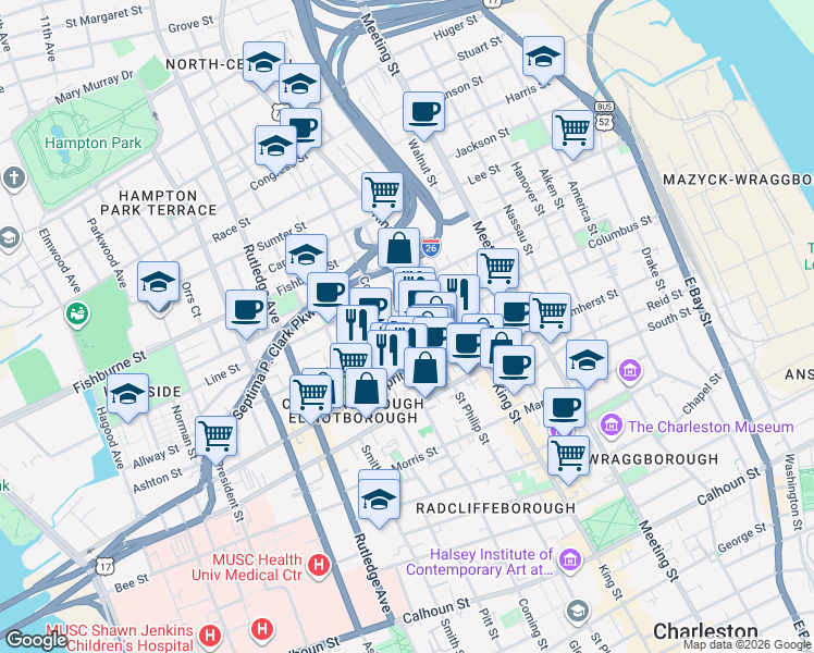 map of restaurants, bars, coffee shops, grocery stores, and more near 4 Bogard Street in Charleston