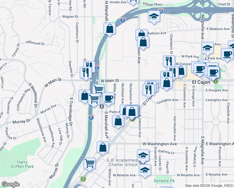 map of restaurants, bars, coffee shops, grocery stores, and more near 215 Millar Avenue in El Cajon