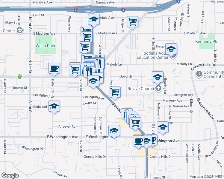 map of restaurants, bars, coffee shops, grocery stores, and more near 1362 East Lexington Avenue in El Cajon