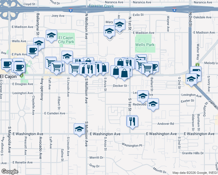 map of restaurants, bars, coffee shops, grocery stores, and more near 265 South Anza Street in El Cajon