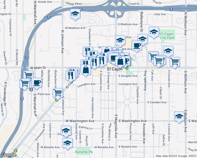 map of restaurants, bars, coffee shops, grocery stores, and more near 338 West Lexington Avenue in El Cajon