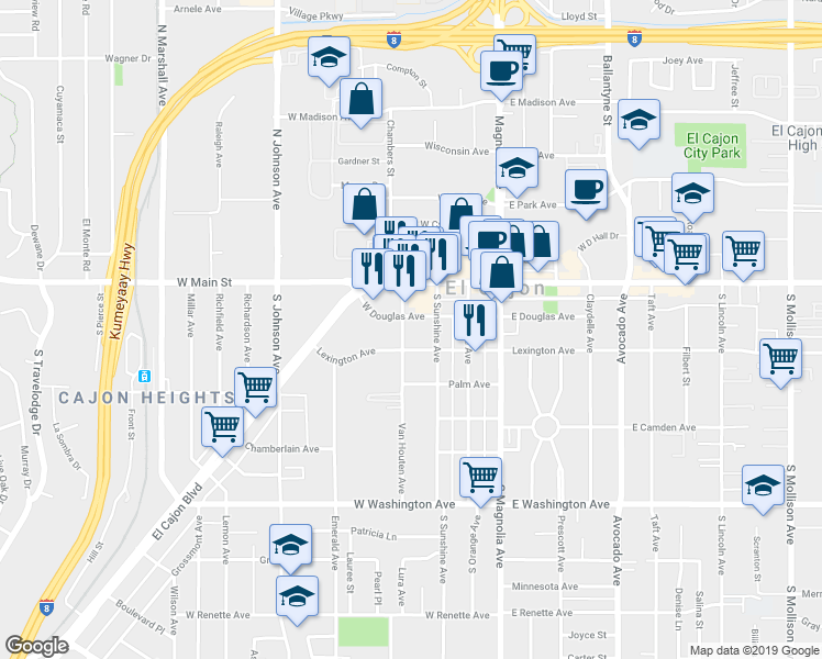 map of restaurants, bars, coffee shops, grocery stores, and more near 338 West Lexington Avenue in El Cajon