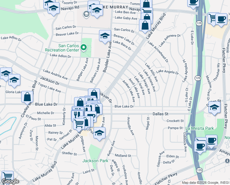 map of restaurants, bars, coffee shops, grocery stores, and more near 6281 Jackson Drive in San Diego