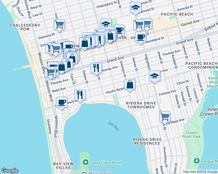 map of restaurants, bars, coffee shops, grocery stores, and more near 1220 Pacific Beach Drive in San Diego