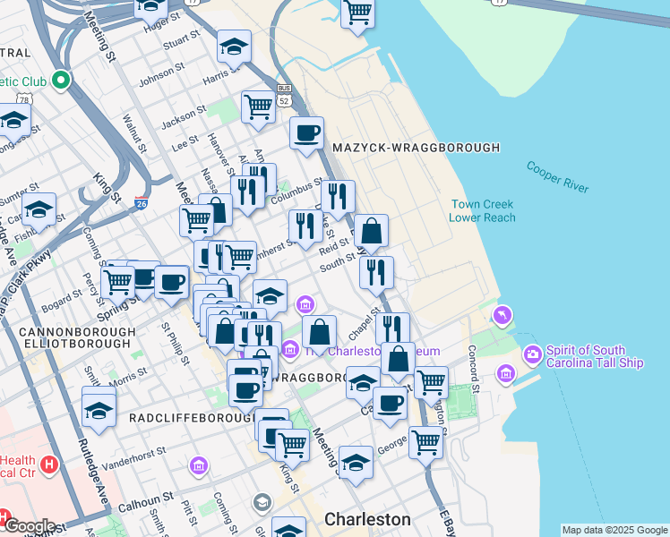 map of restaurants, bars, coffee shops, grocery stores, and more near 3B South Street in Charleston