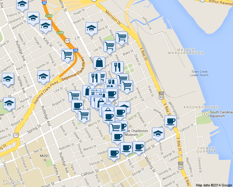 map of restaurants, bars, coffee shops, grocery stores, and more near 420 Meeting Street in Charleston