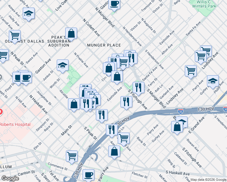 map of restaurants, bars, coffee shops, grocery stores, and more near 178 South Prairie Avenue in Dallas