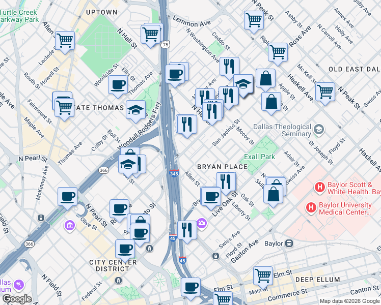 map of restaurants, bars, coffee shops, grocery stores, and more near 3104 San Jacinto Street in Dallas