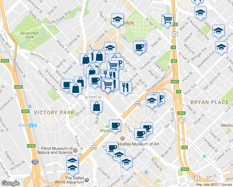 map of restaurants, bars, coffee shops, grocery stores, and more near 7 Maple-Routh Connection in Dallas