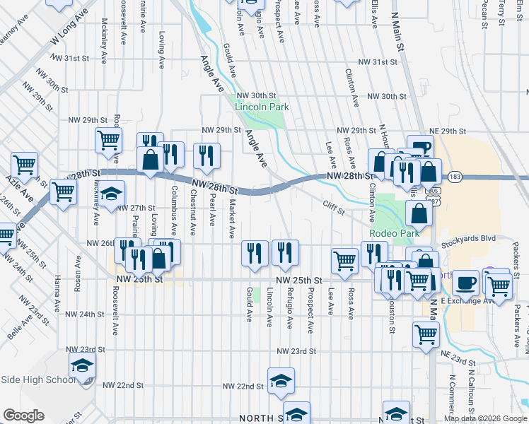 map of restaurants, bars, coffee shops, grocery stores, and more near 2615 Lincoln Avenue in Fort Worth