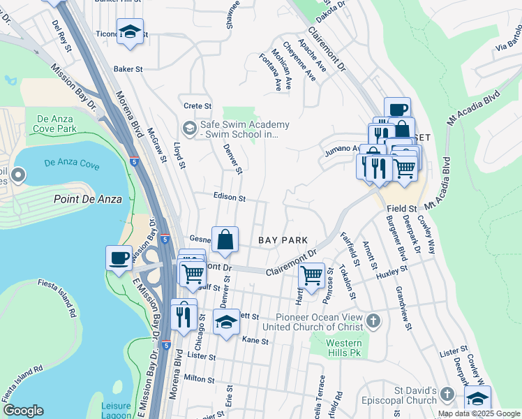 map of restaurants, bars, coffee shops, grocery stores, and more near 2949 Erie Street in San Diego