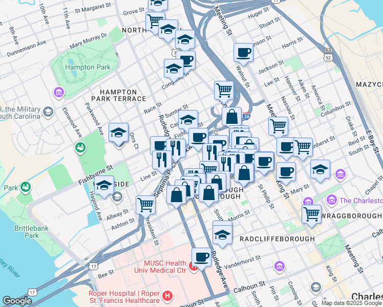 map of restaurants, bars, coffee shops, grocery stores, and more near 138 Line Street in Charleston
