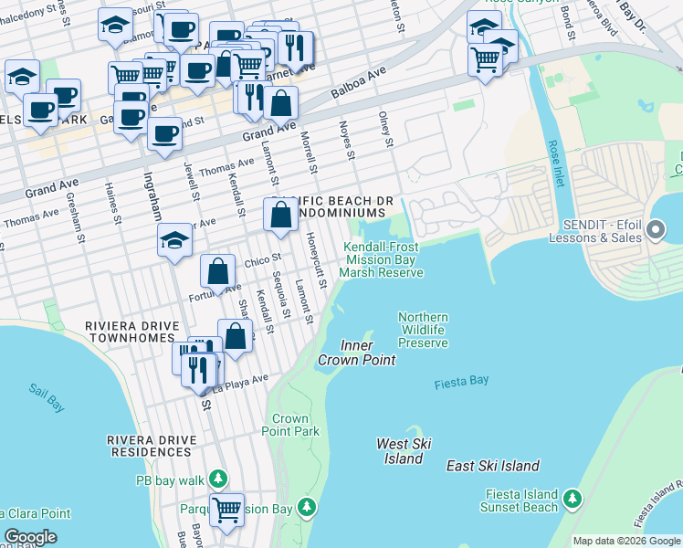 map of restaurants, bars, coffee shops, grocery stores, and more near Crown Point Drive & Morrell Street in San Diego