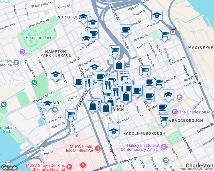 map of restaurants, bars, coffee shops, grocery stores, and more near 35 Percy Street in Charleston