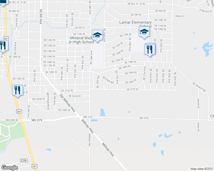 map of restaurants, bars, coffee shops, grocery stores, and more near 1615 Southeast 21st Street in Mineral Wells
