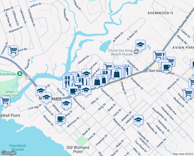 map of restaurants, bars, coffee shops, grocery stores, and more near 11 Shem Drive in Mount Pleasant