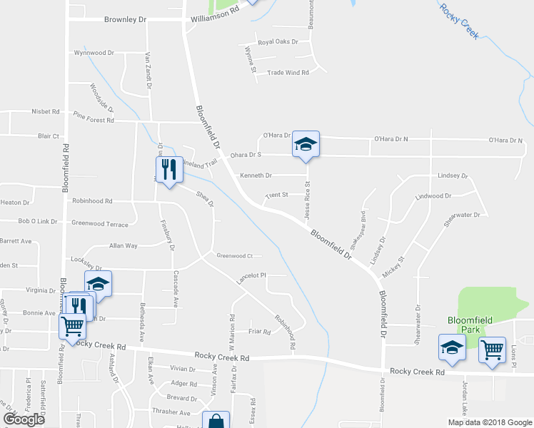 map of restaurants, bars, coffee shops, grocery stores, and more near 3731 Bloomfield Drive in Macon