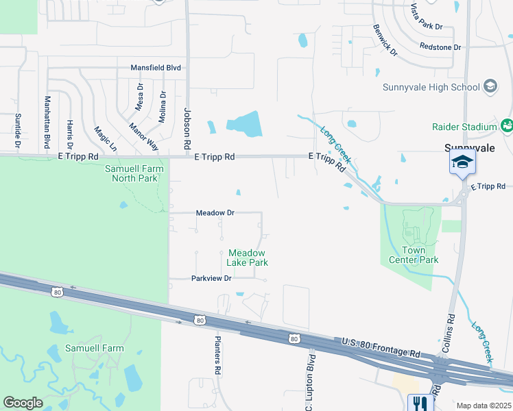 map of restaurants, bars, coffee shops, grocery stores, and more near 125 Lakeview Drive in Sunnyvale
