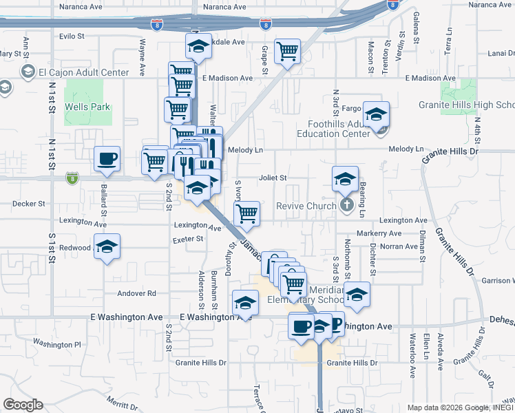 map of restaurants, bars, coffee shops, grocery stores, and more near 1388 Kristie Lane in El Cajon