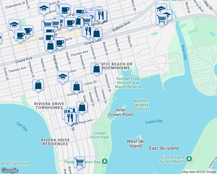 map of restaurants, bars, coffee shops, grocery stores, and more near 3963 Lamont Street in San Diego
