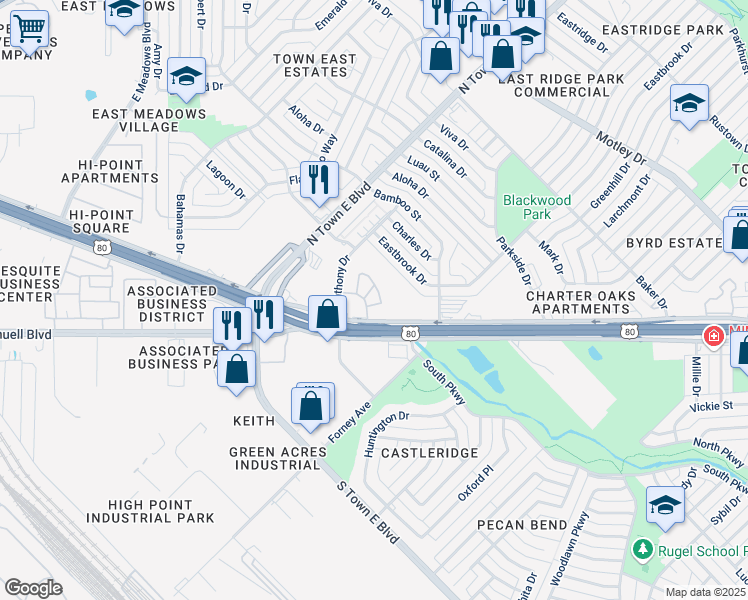 map of restaurants, bars, coffee shops, grocery stores, and more near 3421 U.S. Highway 80 in Mesquite