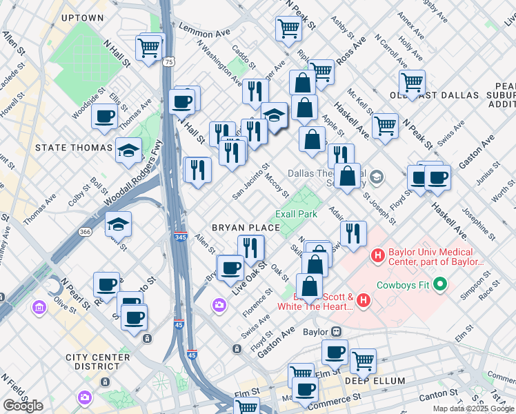 map of restaurants, bars, coffee shops, grocery stores, and more near 3121 Trevolle Place in Dallas