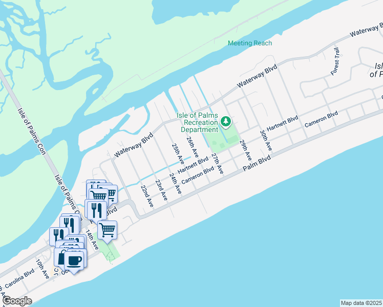 map of restaurants, bars, coffee shops, grocery stores, and more near 2503 Hartnett Boulevard in Isle of Palms