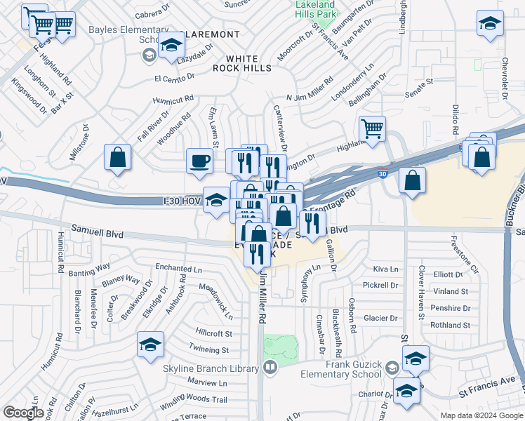 map of restaurants, bars, coffee shops, grocery stores, and more near Interstate 30 Frontage Rd & N Jim Miller Rd in Dallas