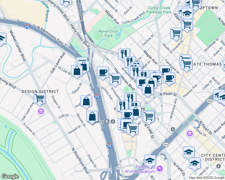 map of restaurants, bars, coffee shops, grocery stores, and more near 2787 North Houston Street in Dallas