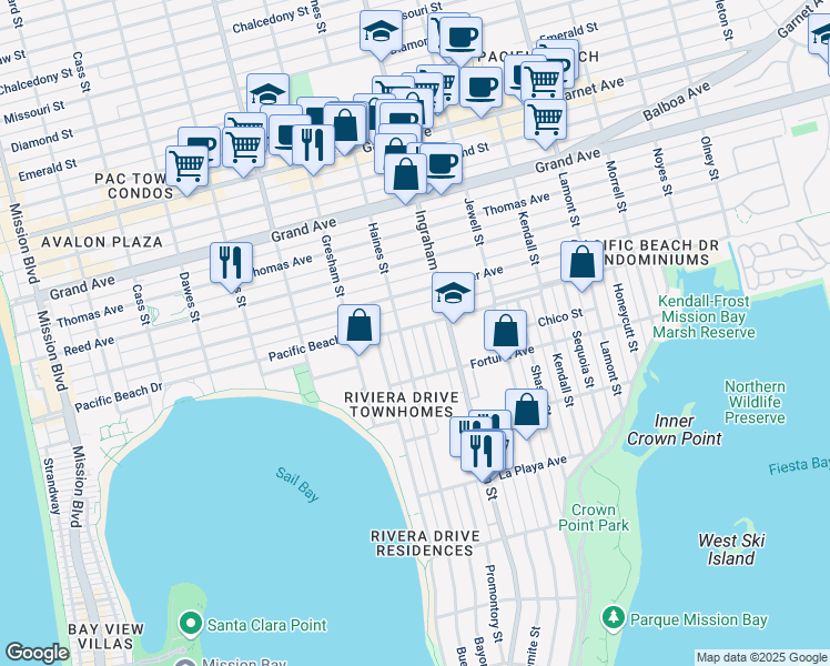 map of restaurants, bars, coffee shops, grocery stores, and more near 4048 Promontory Street in San Diego