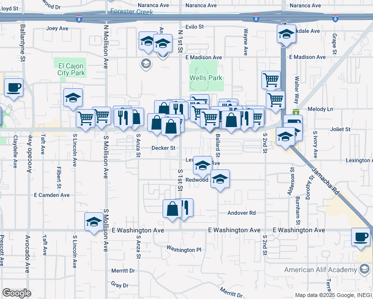 map of restaurants, bars, coffee shops, grocery stores, and more near 1100 Lexington Avenue in El Cajon