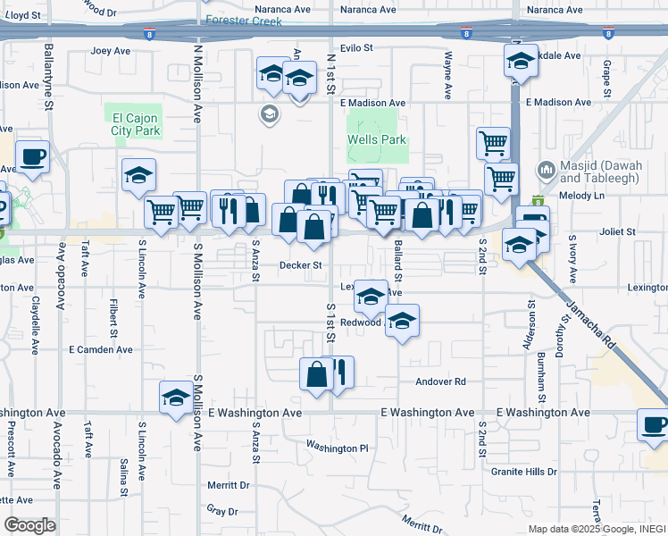 map of restaurants, bars, coffee shops, grocery stores, and more near 1100 Lexington Avenue in El Cajon