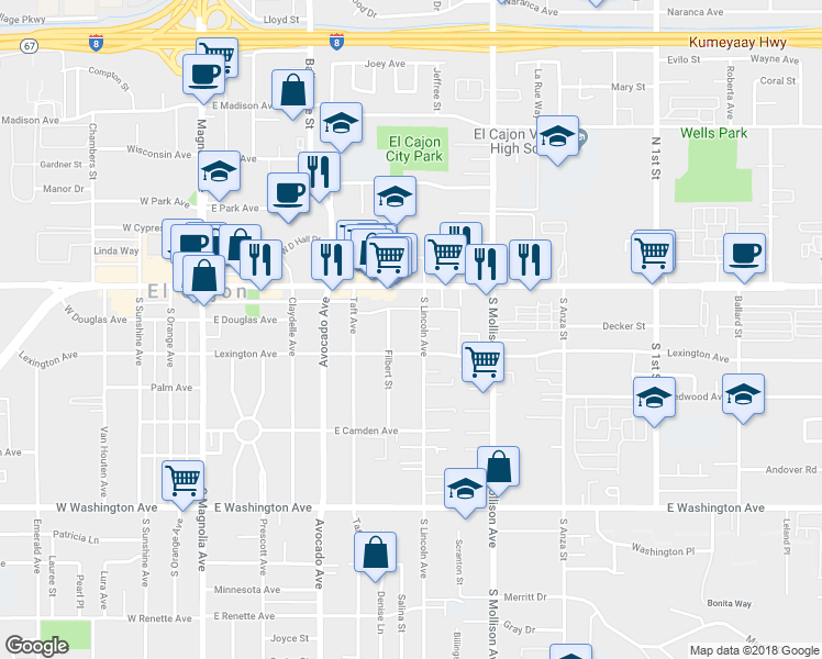 map of restaurants, bars, coffee shops, grocery stores, and more near 732 Lexington Avenue in El Cajon