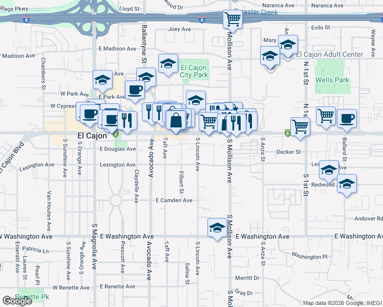 map of restaurants, bars, coffee shops, grocery stores, and more near 732 Lexington Avenue in El Cajon