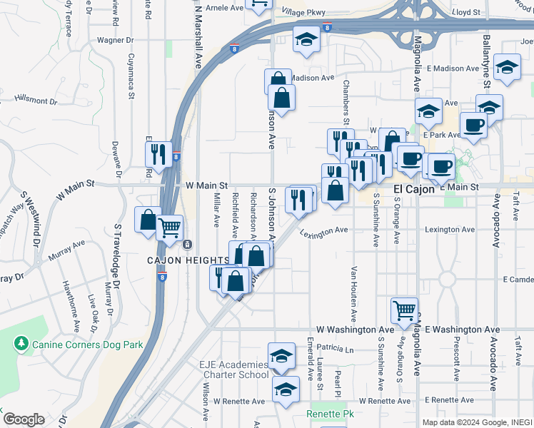 map of restaurants, bars, coffee shops, grocery stores, and more near 246 South Johnson Avenue in El Cajon