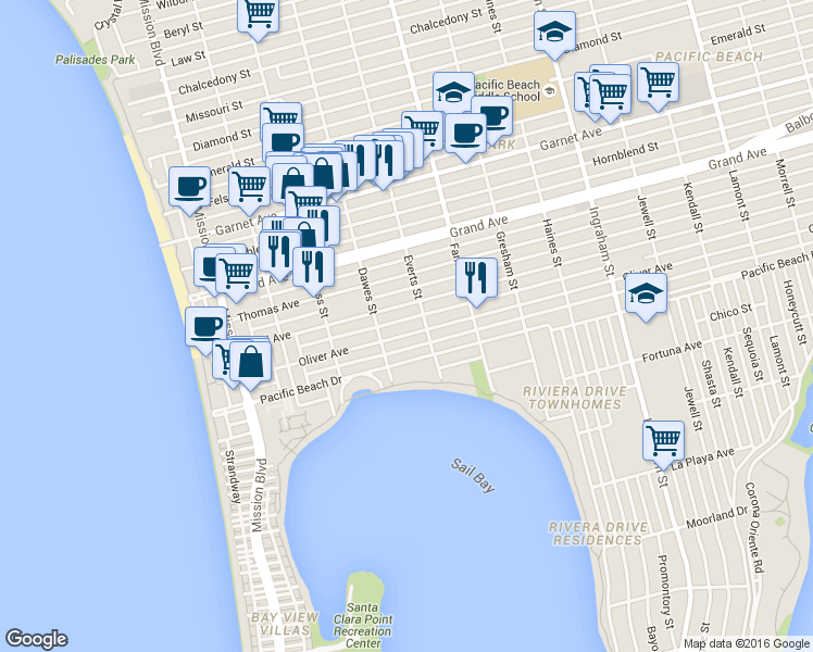 map of restaurants, bars, coffee shops, grocery stores, and more near 1147 Oliver Avenue in San Diego