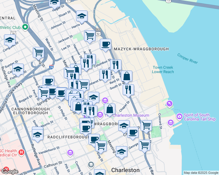 map of restaurants, bars, coffee shops, grocery stores, and more near 37 South Street in Charleston