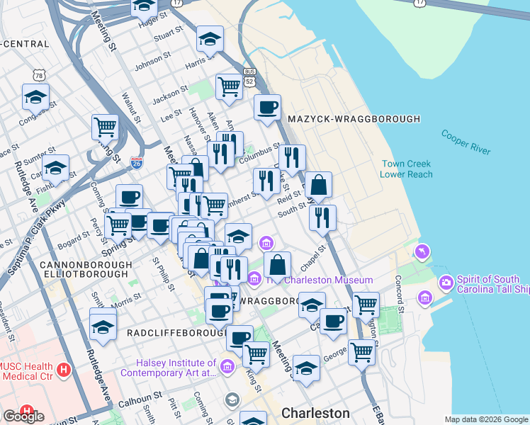 map of restaurants, bars, coffee shops, grocery stores, and more near 37 South Street in Charleston