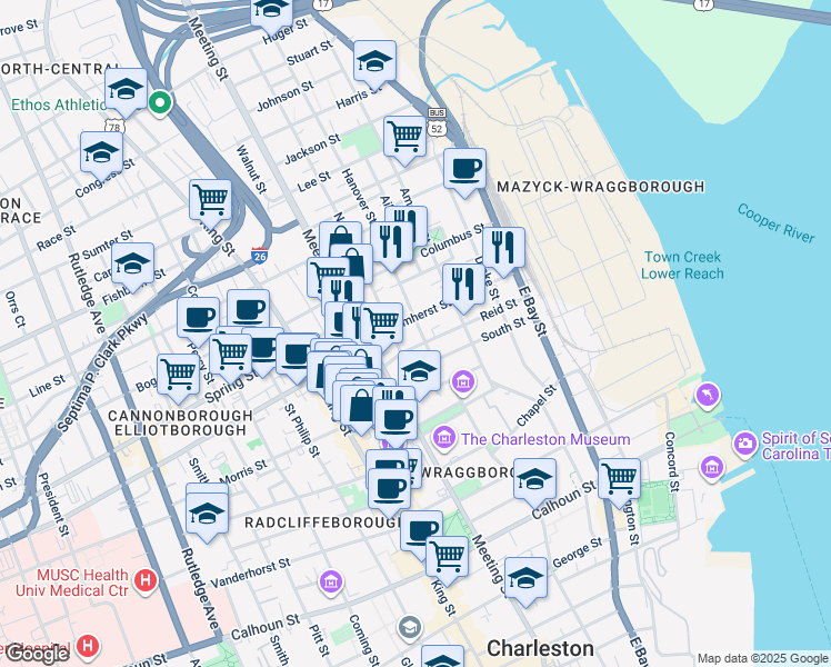 map of restaurants, bars, coffee shops, grocery stores, and more near 51 Reid Street in Charleston