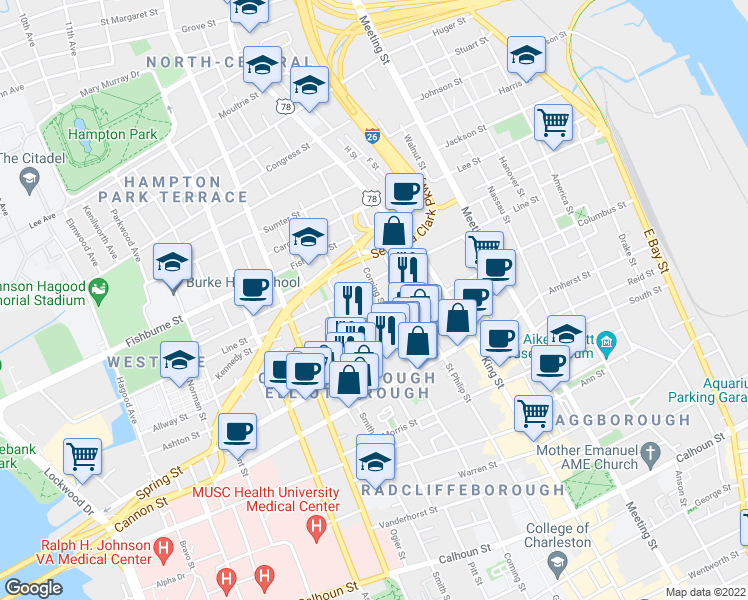 map of restaurants, bars, coffee shops, grocery stores, and more near in Charleston
