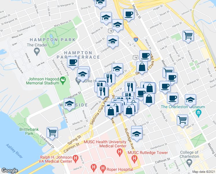 map of restaurants, bars, coffee shops, grocery stores, and more near 280 Rutledge Avenue in Charleston