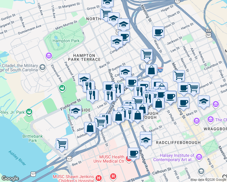 map of restaurants, bars, coffee shops, grocery stores, and more near 20 Nunan Street in Charleston