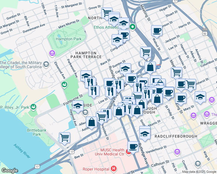 map of restaurants, bars, coffee shops, grocery stores, and more near 20 Nunan Street in Charleston