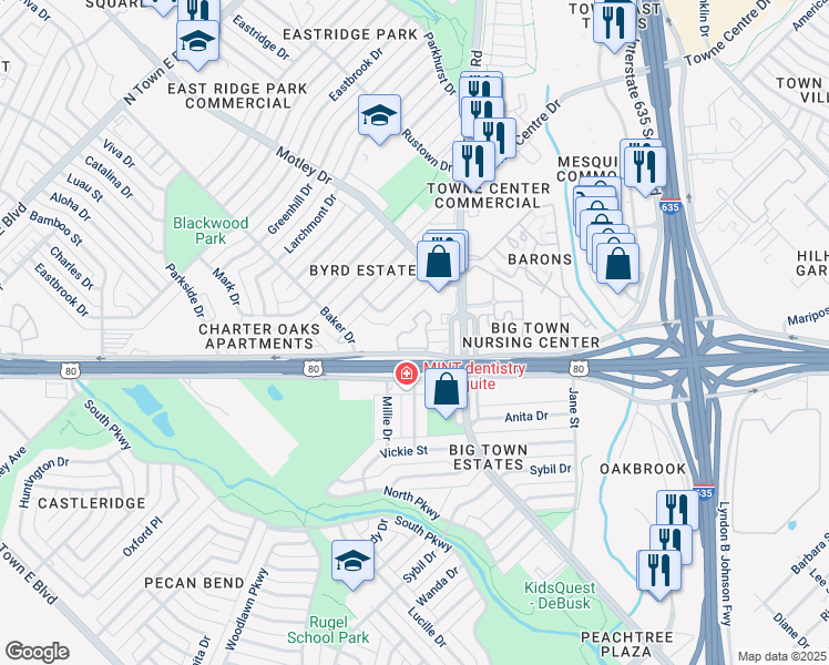 map of restaurants, bars, coffee shops, grocery stores, and more near 2453 U.S. 80 Frontage Road in Mesquite